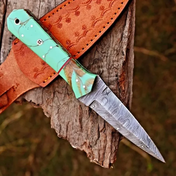 Handmade Damascus Steel Boot Knife: Resin Handle, Leather Sheath