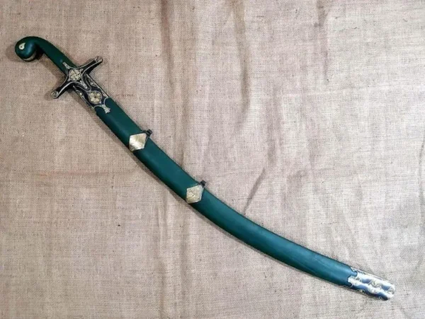 Handmade High Carbon Steel Arabic Sword, Green Micarta Handle, Wooden Scabbard