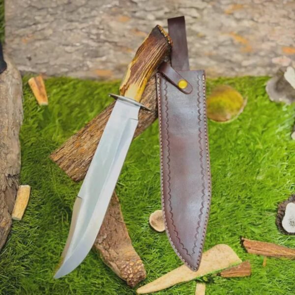 Handmade Bowie Knife – D2 Steel, Stag Antler Handle, Hunting Camping Tool