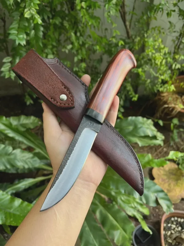 Handmade Carbon Steel Hunting Knife, Rose Wood Handle, Leather Sheath, Outdoor Tasks