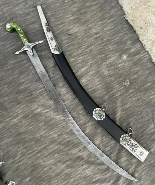 Handmade Damascus Steel Ottoman Sword: Islamic Shamshir with Leather Sheath Replica