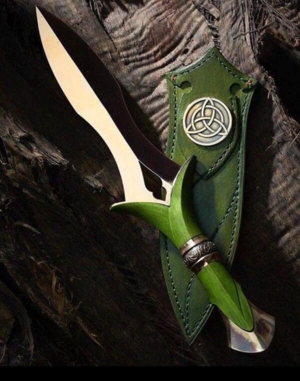 Handcrafted Celtic Knot Knife, Green Leather Sheath, J2 Steel Blade, Ergonomic Handle