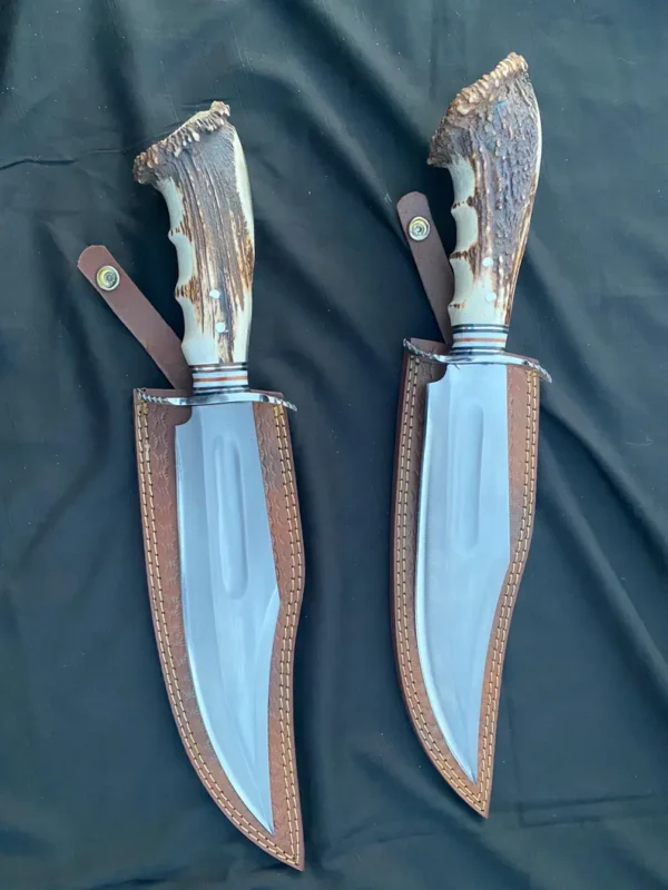 Handmade High Carbon Steel Bowie Knife, Deer Antler Handle, 15-inch Camping Knife
